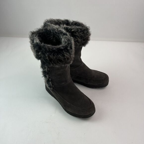 White Mountain Gray Suede Boots 7.5 Fur Lined Mid Calf Cabincore Comfy Winter - Picture 10 of 11